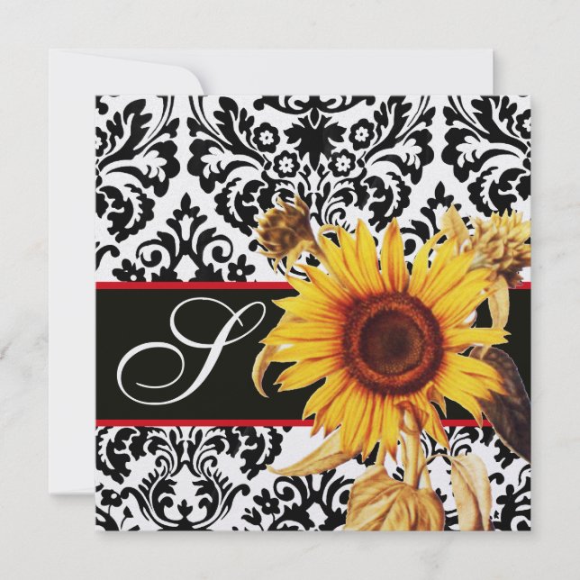 YELLOW SUNFLOWER  BLACK WHITE  DAMASK MONOGRAM INVITATION (Front)