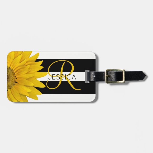 Yellow Sunflower Black & White Stripes Monogrammed Luggage Tag (Front Horizontal)