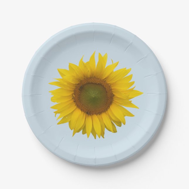 Yellow Sunflower Bloom Floral Country Blue Paper Plate (Front)