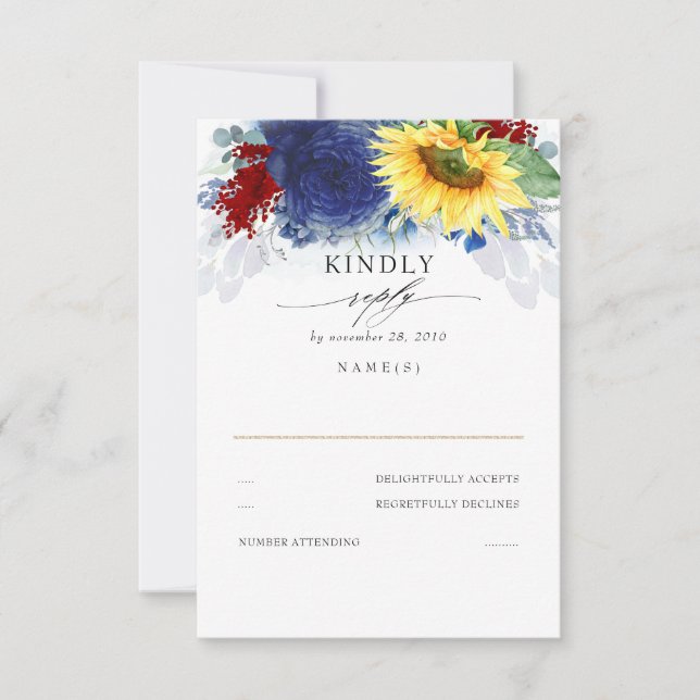Yellow Sunflower Blue and Red Fall Wedding RSVP (Front)