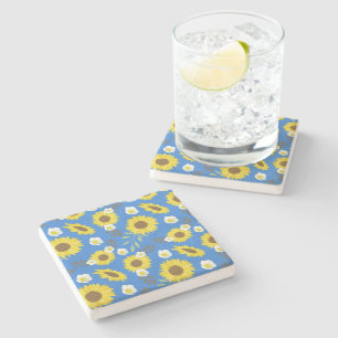 Yellow Sunflower Blue Background Flower Floral Stone Coaster