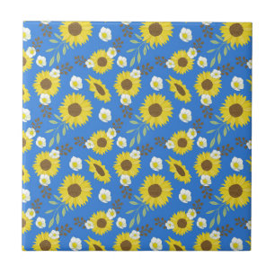 Yellow Sunflower Blue Background Flower Floral Tile
