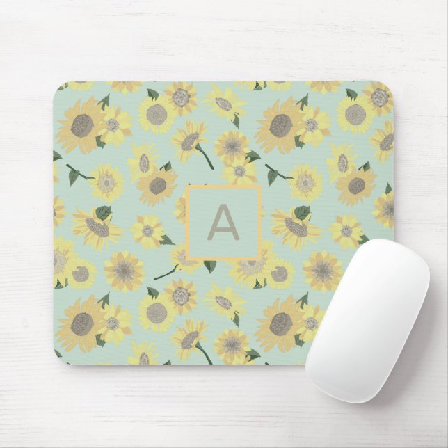 Yellow Sunflower Blue Floral Flower Monogram Mouse Pad (With Mouse)
