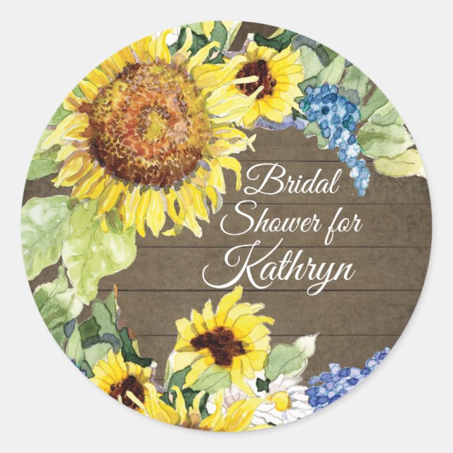 Yellow Sunflower Blue Flowers n Wood Bridal Shower Classic Round Sticker (Front)