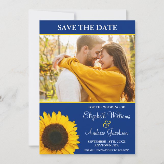 Yellow Sunflower Blue Photo Save the Date (Front)