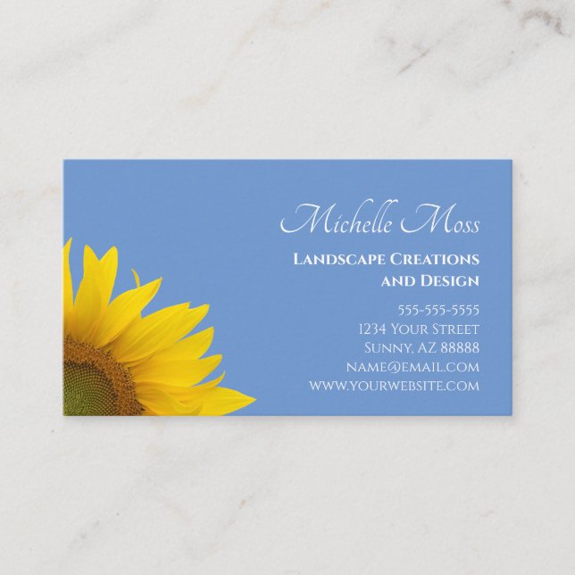 Yellow Sunflower Botanical Stylish Blue  Business Card (Front)