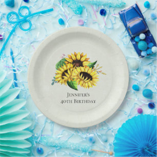 Yellow Sunflower Bouquet in Watercolor Birthday Paper Plate