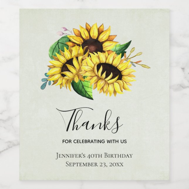  Yellow Sunflower Bouquet in Watercolor Birthday Wine Label (Single Label)