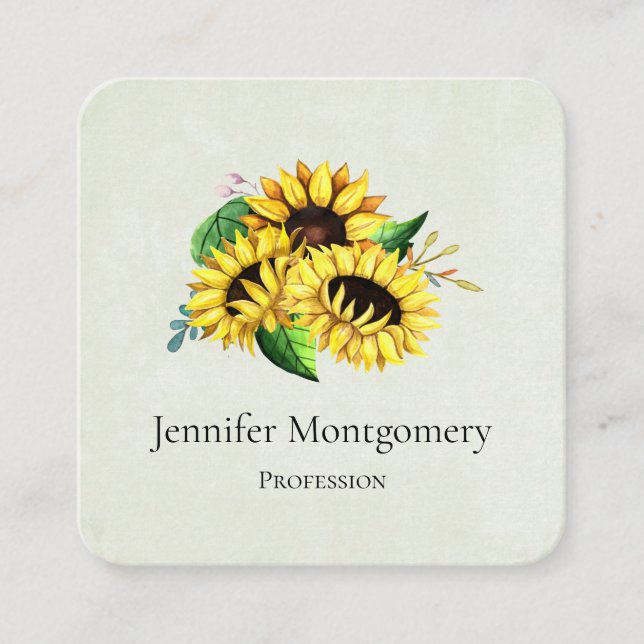  Yellow Sunflower Bouquet in Watercolor Square Business Card (Front)