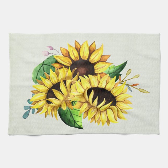 Yellow Sunflower Bouquet in Watercolor Tea Towel (Horizontal)