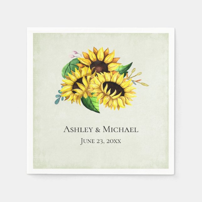 Yellow Sunflower Bouquet in Watercolor Wedding Napkin (Front)