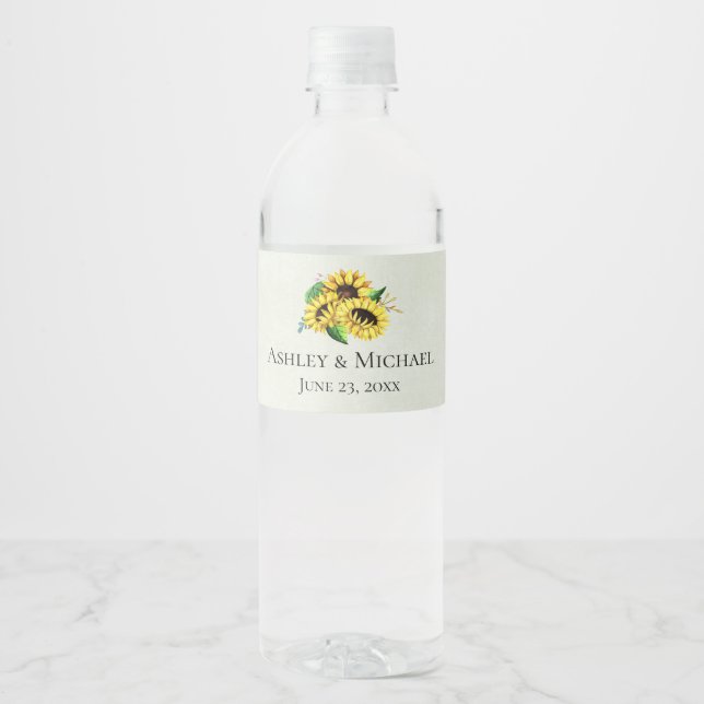 Yellow Sunflower Bouquet in Watercolor Wedding Water Bottle Label (Front)