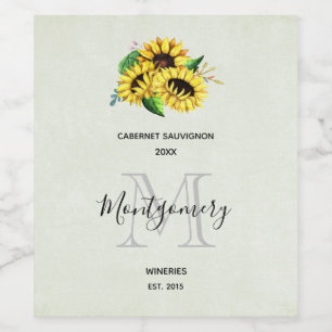 Yellow Sunflower Bouquet in Watercolor Wine Making Label