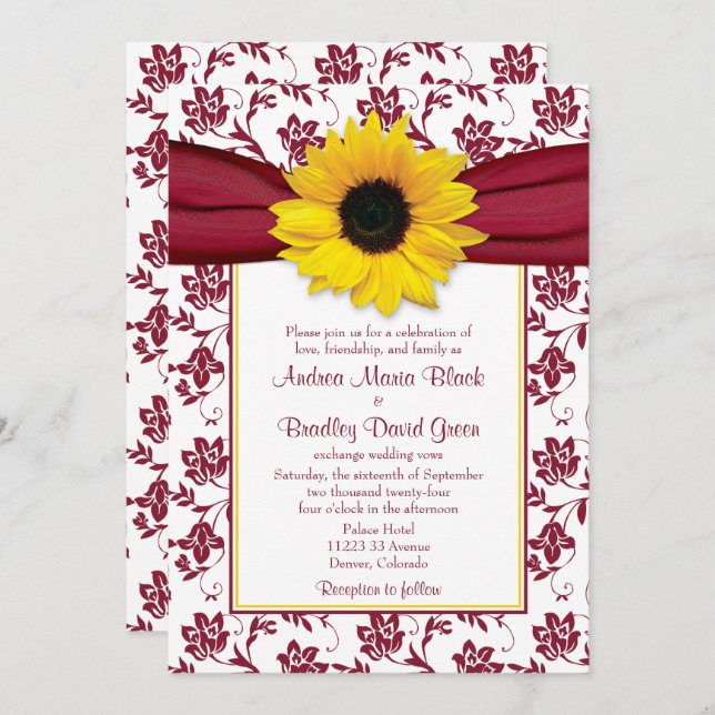 Yellow Sunflower Burgundy Damask Wedding Invitation (Front/Back)