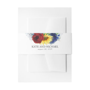 Yellow Sunflower Burgundy Navy Blue Fall Wedding Invitation Belly Band