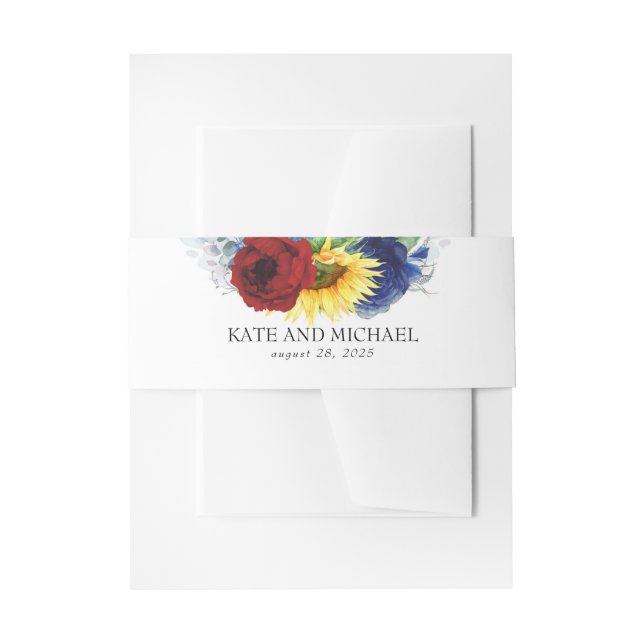 Yellow Sunflower Burgundy Navy Blue Fall Wedding Invitation Belly Band (Front Example)
