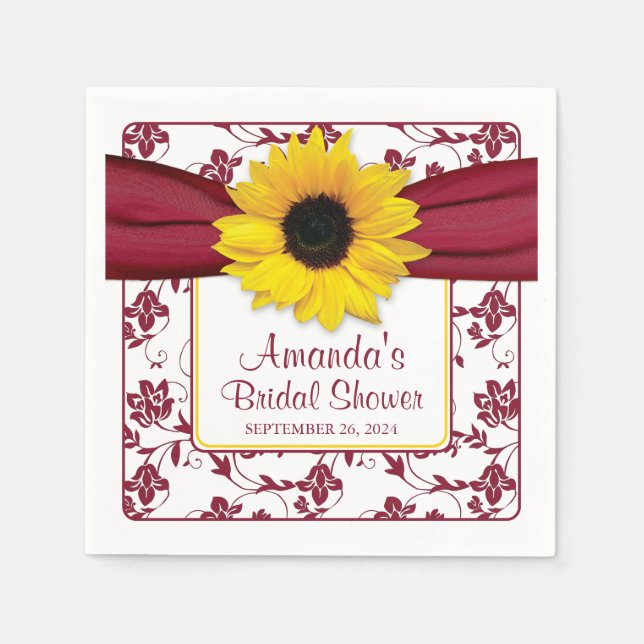 Yellow Sunflower Burgundy Personalised Wedding Napkin (Front)