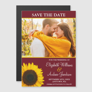 Yellow Sunflower Burgundy Photo Save the Date Magnetic Invitation