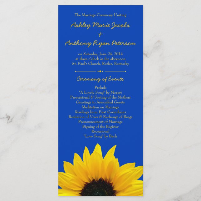 Yellow Sunflower Cobalt Blue Wedding Program Programme (Front)