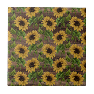 Yellow Sunflower Country Style Brown Wooden Rustic Tile