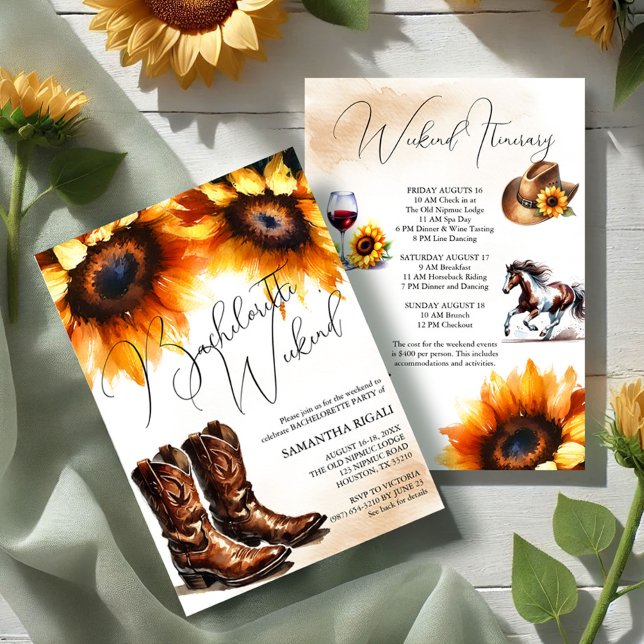 Yellow Sunflower Cowboy Boots Bachelorette Weekend Invitation (Bachelorette weekend itinerary invitations country sunflowers, cowboy boots, hat, horse and wine art)