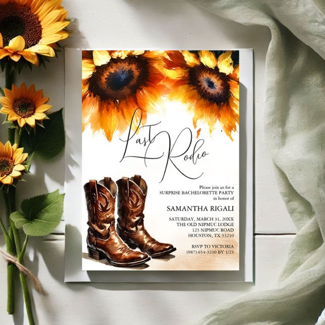 Yellow Sunflower Cowgirl Boots Last Rodeo Invitation (Bachelorette party invitations last rodeo sunflower and cowboy boots)