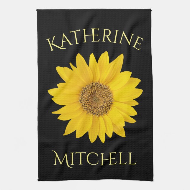 Yellow Sunflower Custom Name Black Tea Towel (Vertical)
