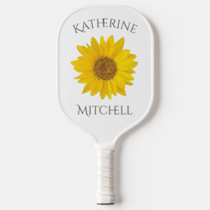 Yellow Sunflower Custom Name White Pickleball Paddle