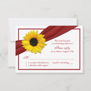 Yellow Sunflower Deep Red Ribbon Wedding RSVP Card