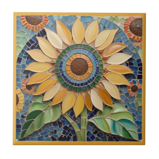 Yellow Sunflower Faux Mosaic Blue Green Tile (Front)