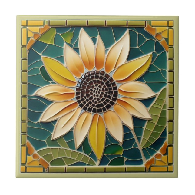 Yellow Sunflower Faux Mosaic Green Tile (Front)