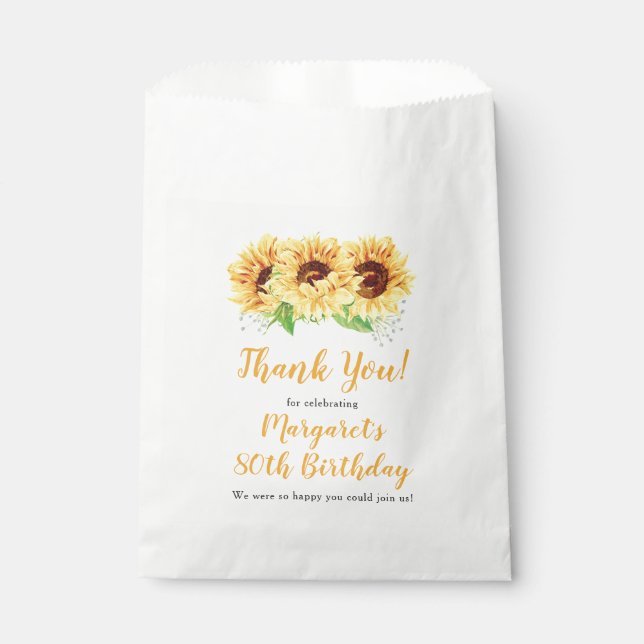 Yellow Sunflower Floral 80th Birthday Thank You Favour Bags (Front)