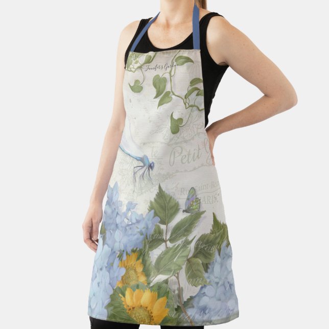 Yellow Sunflower Floral Blue Hydrangea w Dragonfly Apron (Insitu)