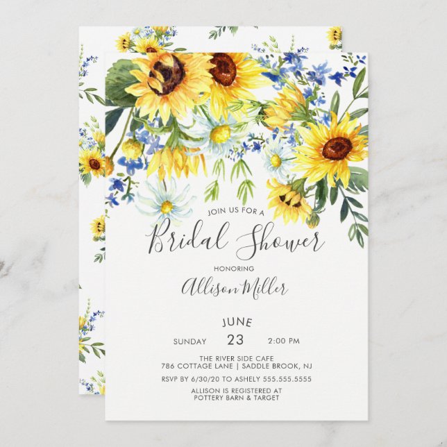 Yellow Sunflower Floral Bridal Shower Invitation (Front/Back)