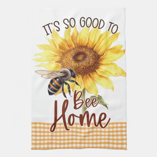Yellow Sunflower Floral Gingham Bee Happy Sunshine Tea Towel (Vertical)