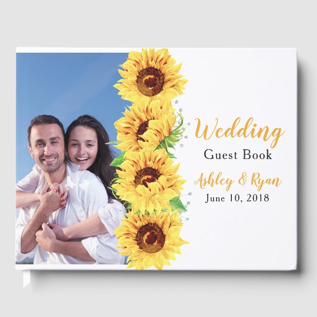 Yellow Sunflower Floral Photo Wedding Guest Book (Front)