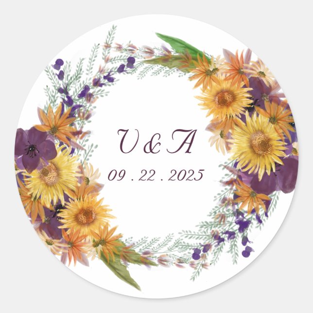 Yellow sunflower floral pink, purple flower wreath classic round sticker (Front)