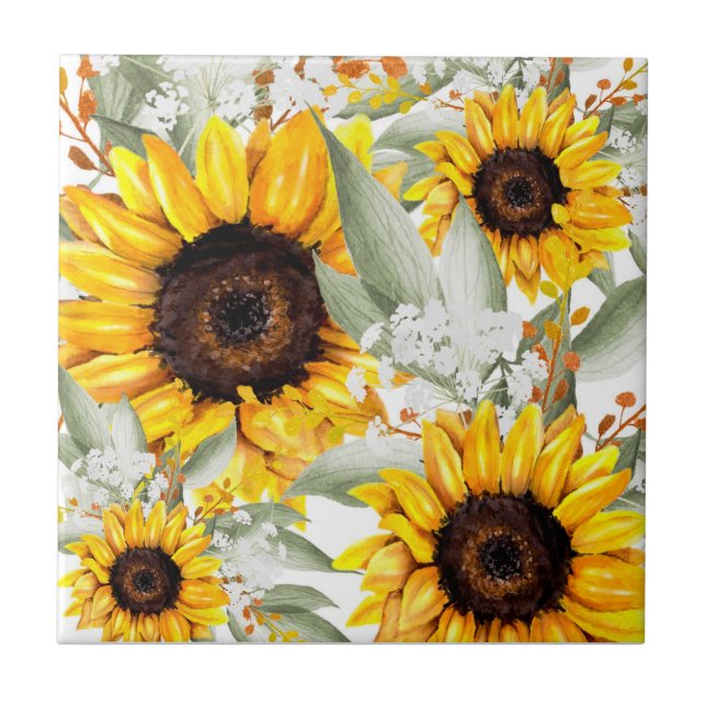 Yellow Sunflower Floral Rustic Fall Flower Tile (Front)