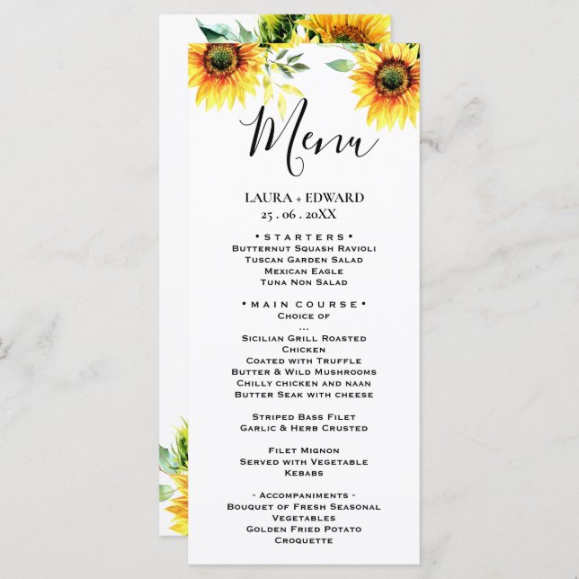 Yellow sunflower floral vibrant spring bouquet menu (Front/Back)