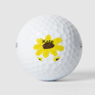 Yellow sunflower floral watercolor add name text golf balls