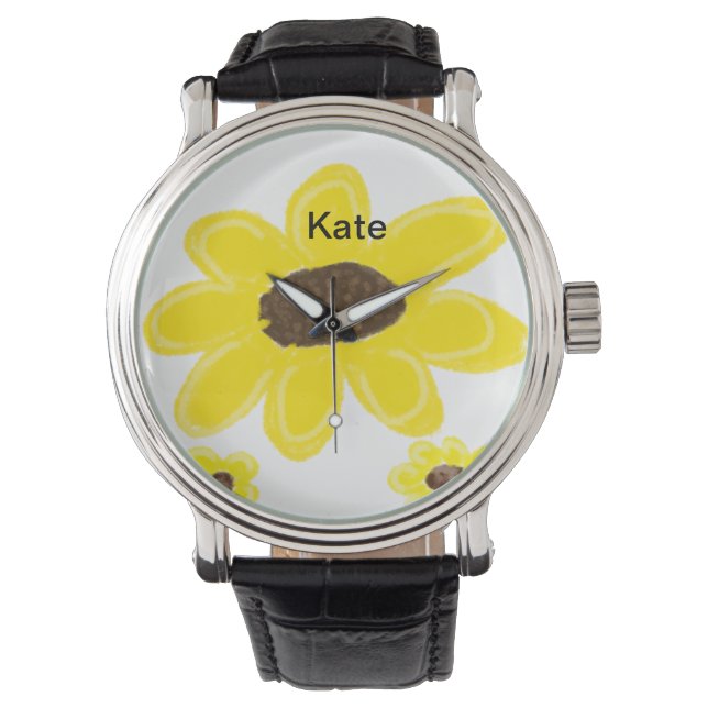 Yellow sunflower floral watercolor add name text watch (Front)