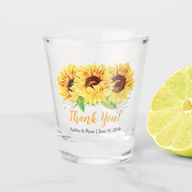 Yellow Sunflower Floral Wedding Thank You Favour Shot Glass (Front)