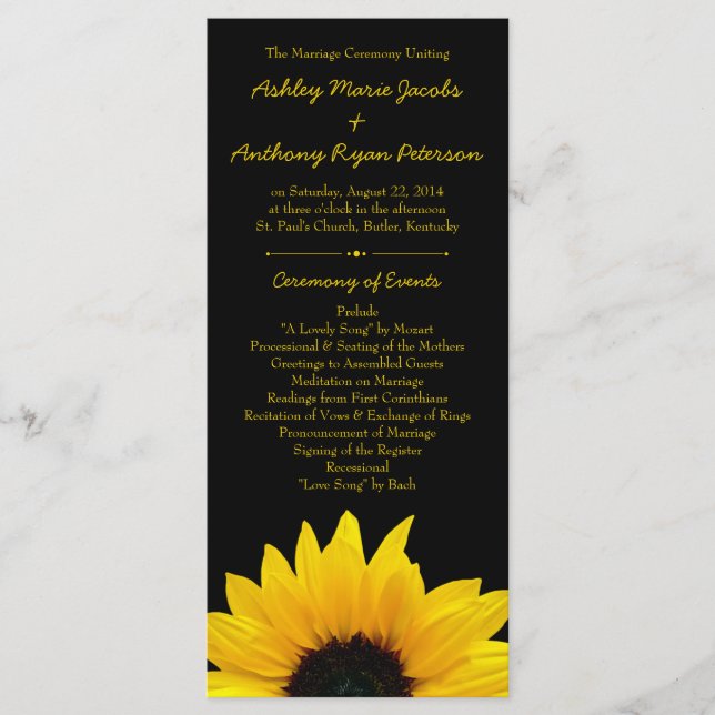 Yellow Sunflower Flower Black Wedding Program Programme (Front)