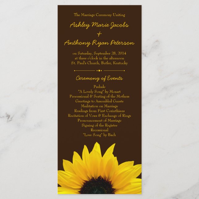 Yellow Sunflower Flower Brown Wedding Program Programme (Front)
