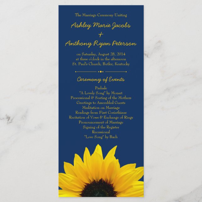 Yellow Sunflower Flower Navy Blue Wedding Program Programme (Front)