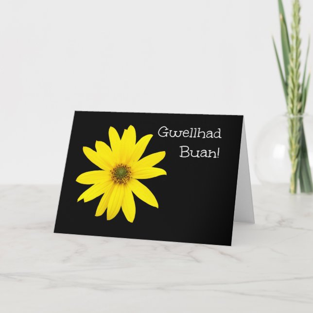 Yellow Sunflower Get Well Card: Welsh Greeting Card (Front)