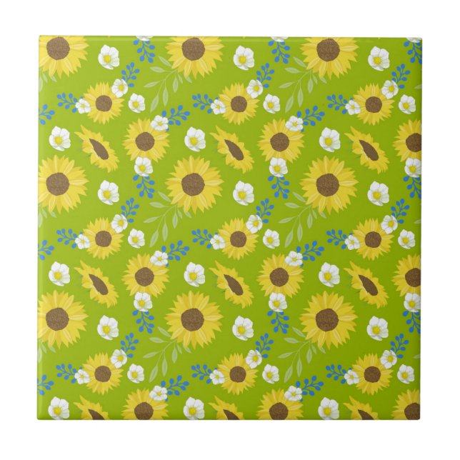 Yellow Sunflower Green Background Flower Floral Tile (Front)