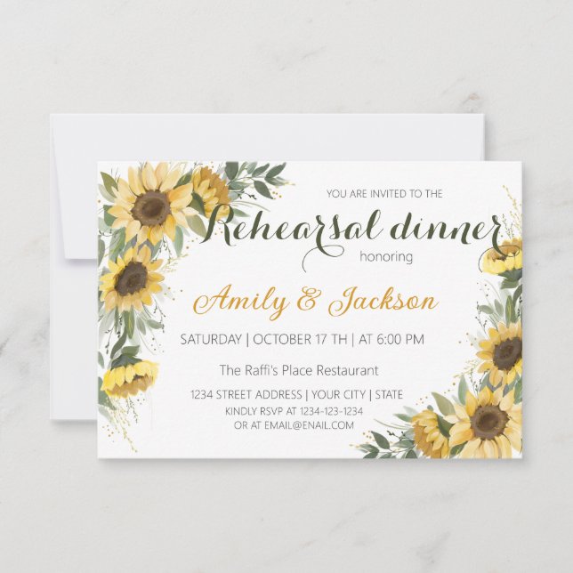 Yellow Sunflower Greenery Rehearsal Dinner  Invitation (Front)