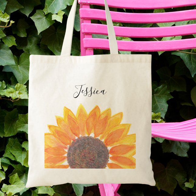 Yellow Sunflower Monogram Name Personalised Tote Bag (Creator Uploaded)