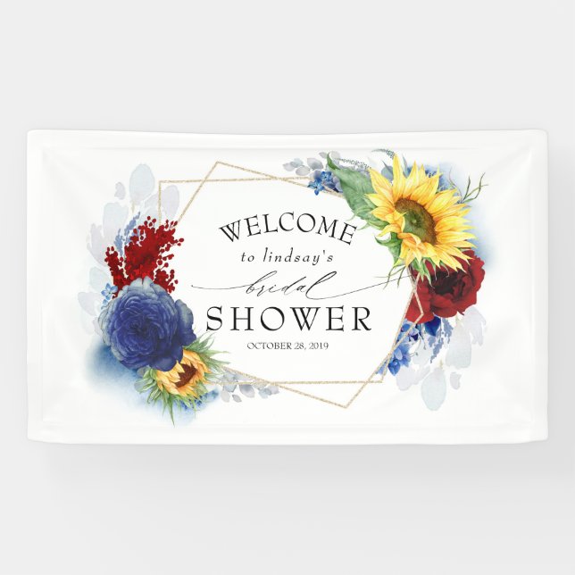 Yellow Sunflower Navy Blue Burgundy Bridal Shower Banner (Horizontal)